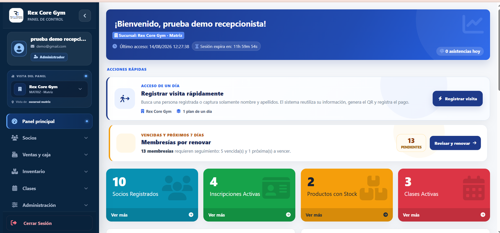 Panel principal del sistema para gimnasios de RexCoreSolutions